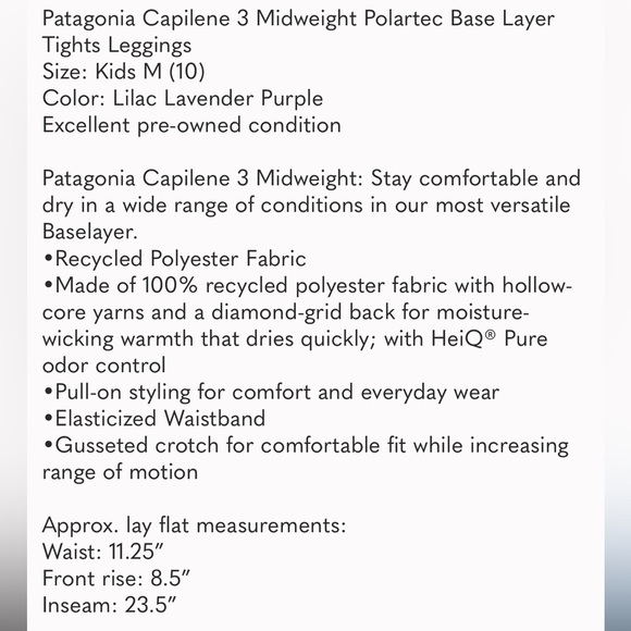 Patagonia Capilene 3 Midweight Polartec Baselayer Pants Sz M (10) Kids - Picture 2 of 6